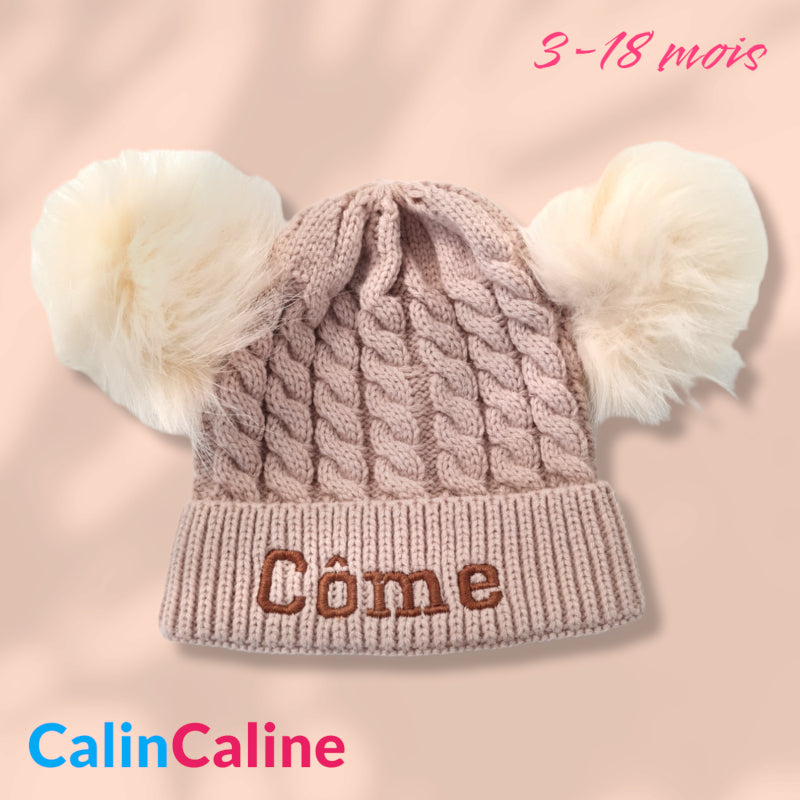 Personalized Beige Baby Hat With Pompoms | 3-18 months