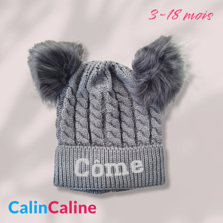 Bonnet Bébé Gris Personnalisé Avec Pompons | 3-18 mois