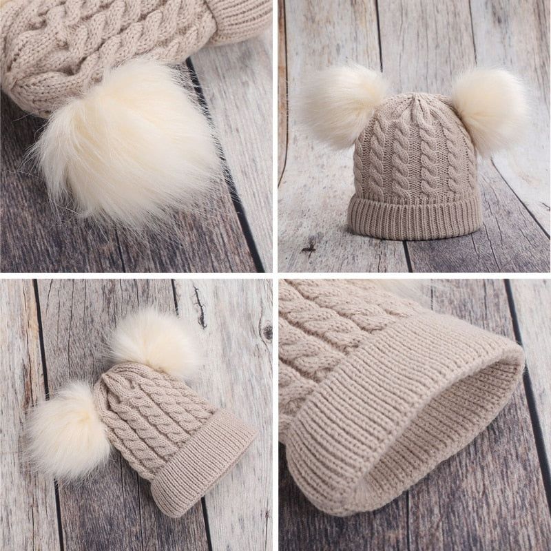 Personalized Beige Baby Hat With Pompoms | 3-18 months