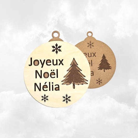 Boule de Noël 2D Plate en Bois 11cm | Sapin | Gravure Personnalisée