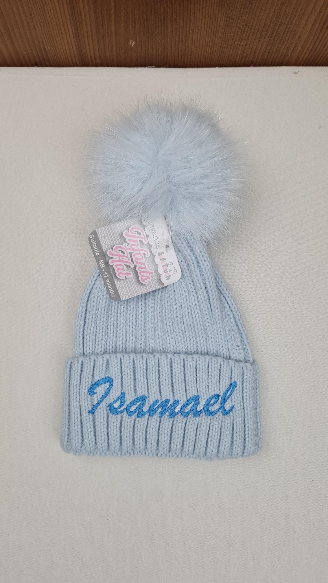 Bonnet Pompon Elégance Bleu | 0 à 12 mois | Avec Prénom Brodé