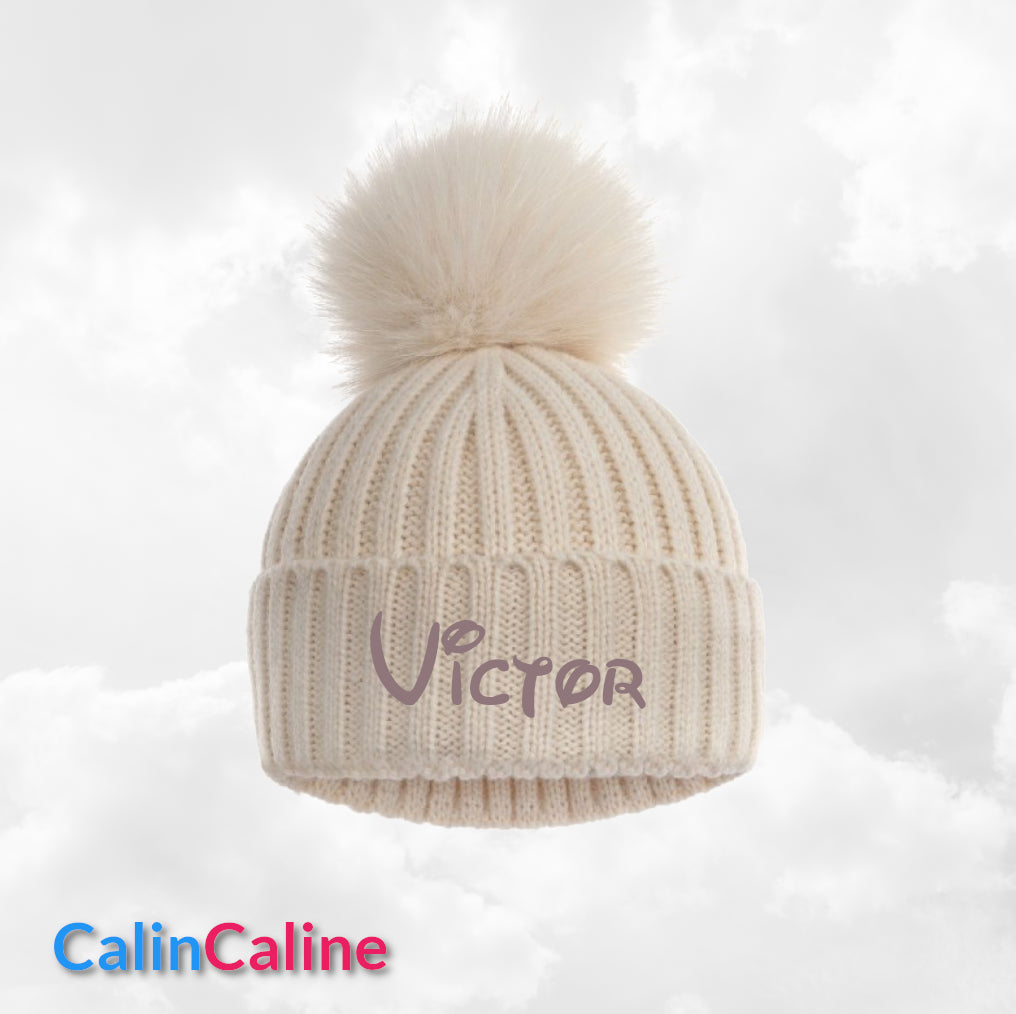 Bonnet Pompon Elégance Café | 0 à 12 mois | Avec Prénom Brodé