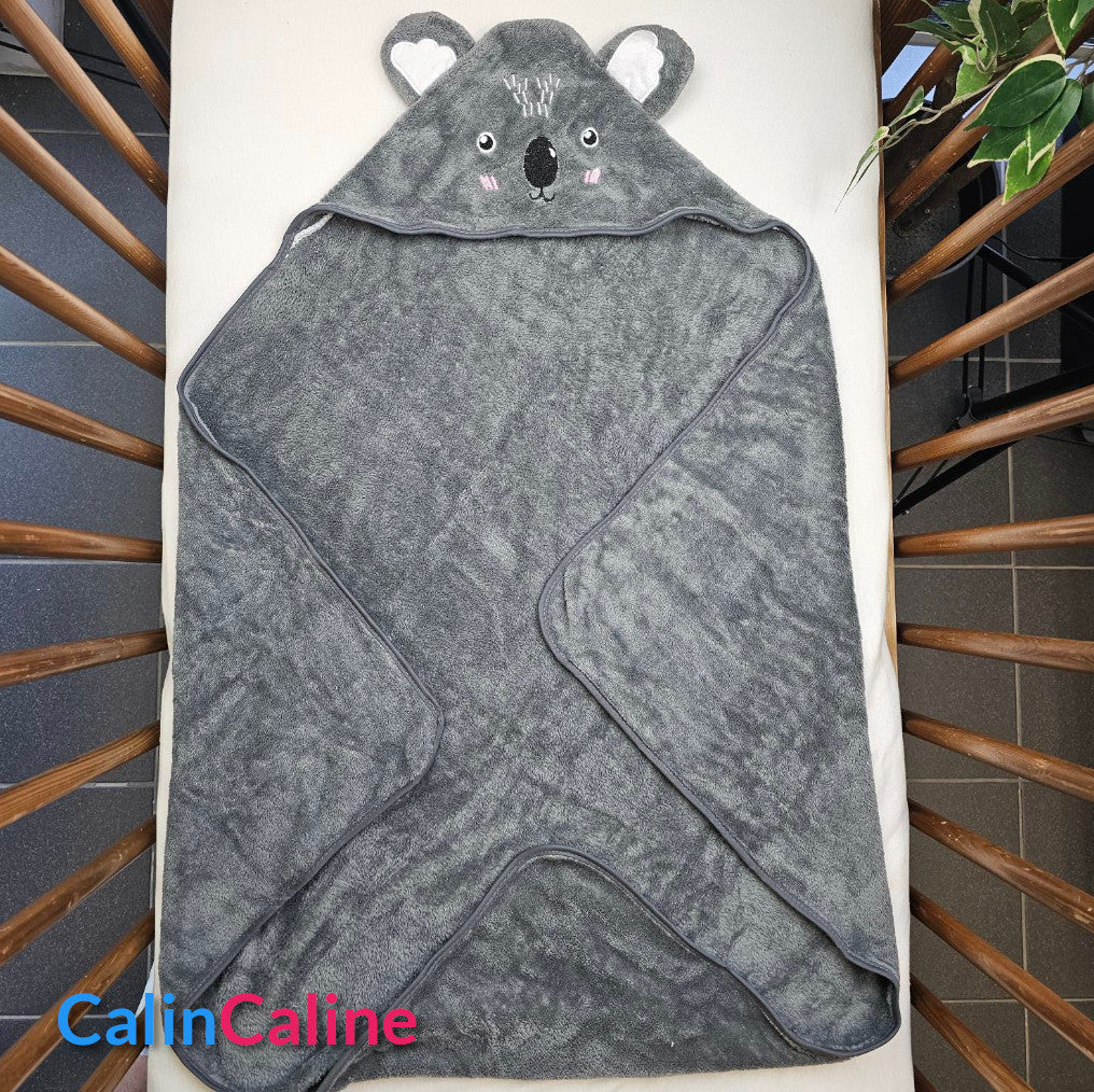 Cape de bain Koala Gris 0-3 ans | 80cm x 80cm | Prénom Brodé