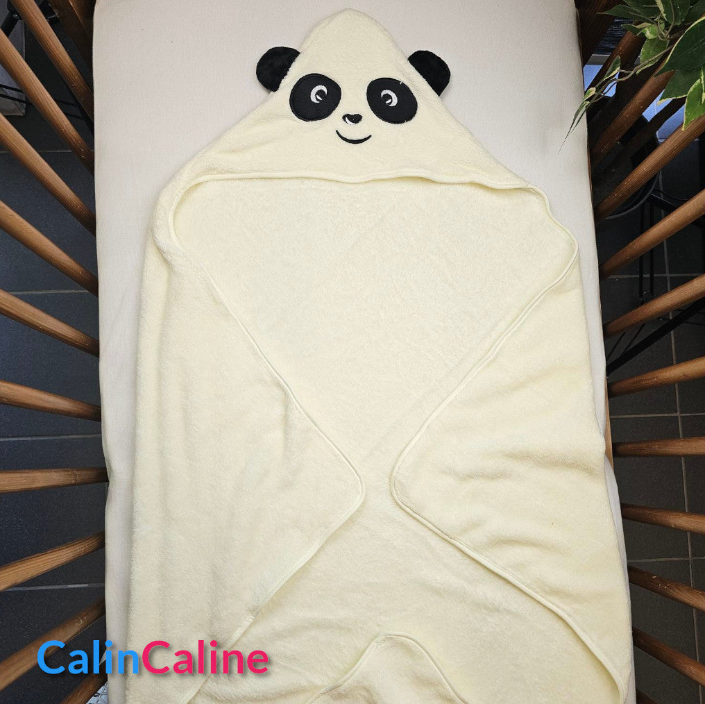 Cape de bain panda Ecru 0-3 ans | 80cm x 80cm | Prénom Brodé