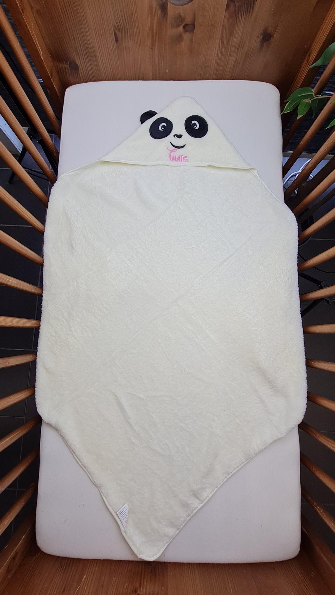 Cape de bain panda Ecru 0-3 ans | 80cm x 80cm | Prénom Brodé
