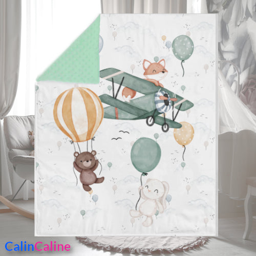 Couverture Plaid Bébé Avion Ourson | 70cm x 95cm | Couleur minky au choix