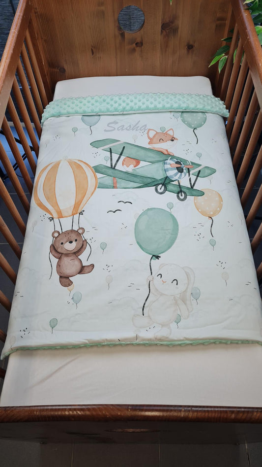 Couverture Plaid Bébé Avion Ourson | 70cm x 95cm | Couleur minky au choix