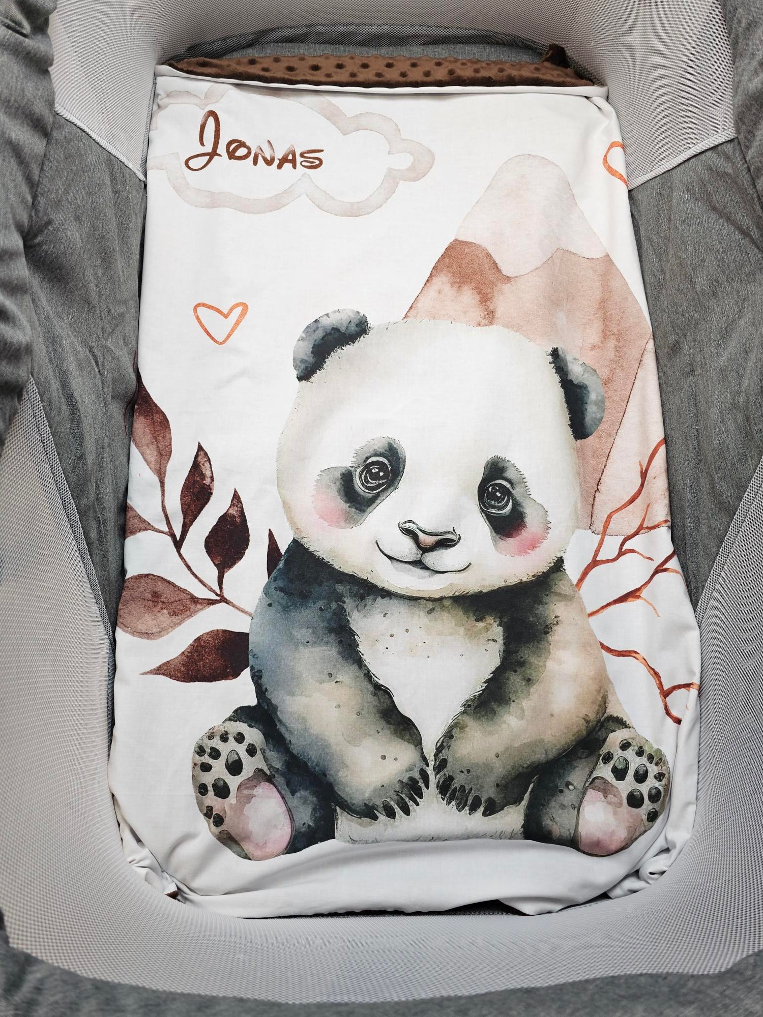 Couverture Plaid Bébé Panda Montagne | 70cm x 95cm | Couleur minky au choix