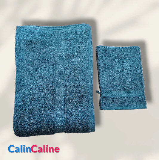 Ensemble Drap de bain + Gant de toilette assorti | Prénom Brodé | Aqua