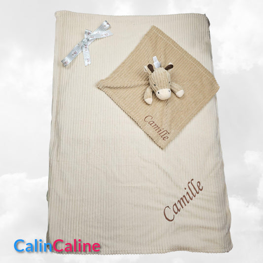 Pack Bébé A Personnaliser | Couverture Eté 75cm x 90cm + Doudou Girafe 35cm | Polyester