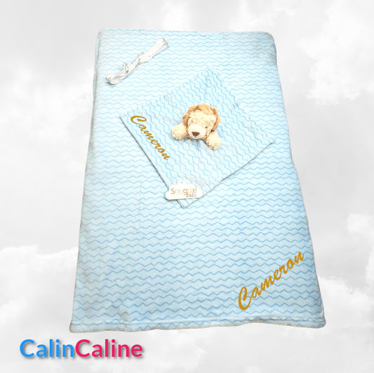 Pack Bébé A Personnaliser | Couverture Eté Bleue 75cm x 90cm + Doudou Lion 35cm