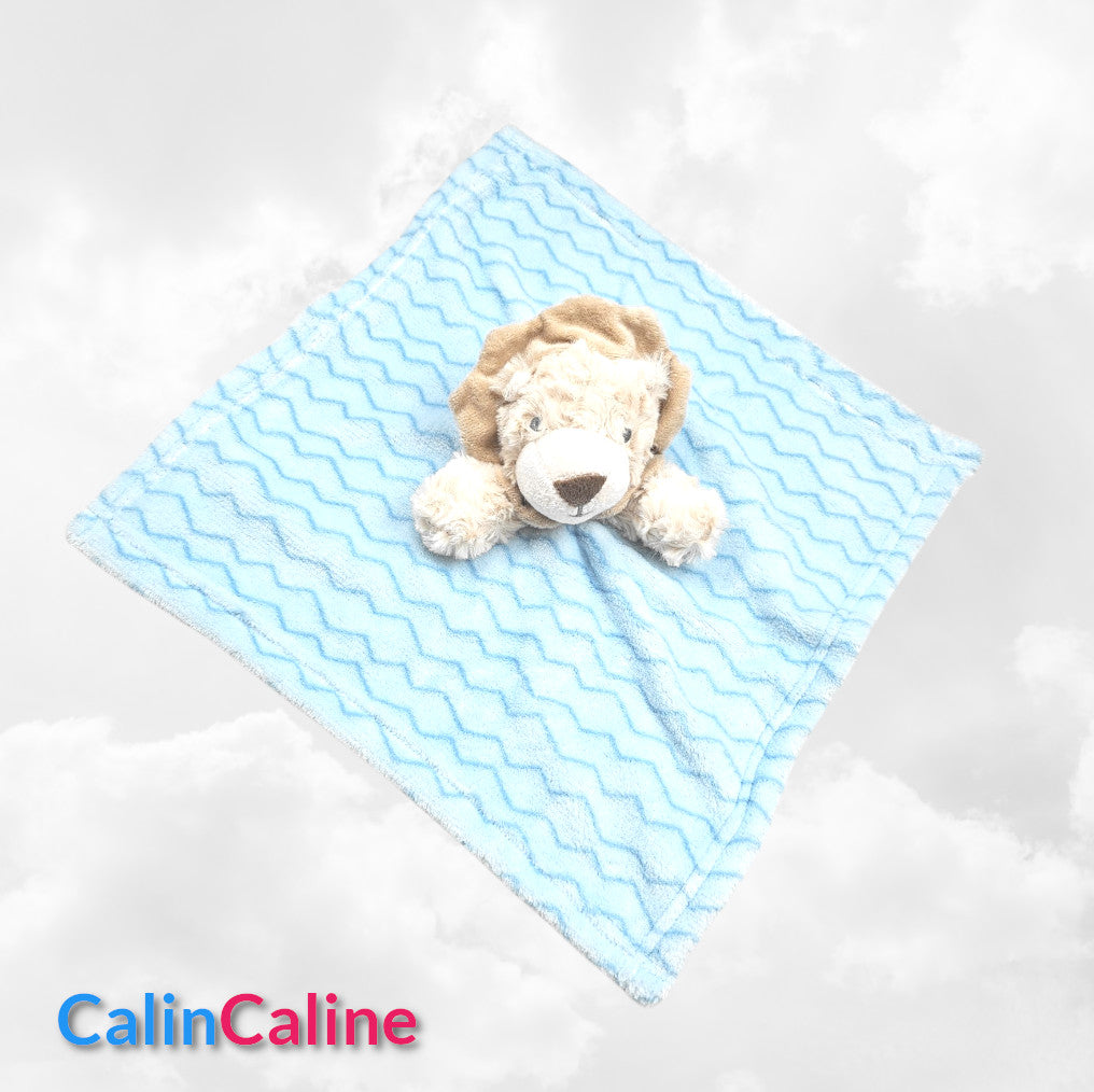 Pack Bébé A Personnaliser | Couverture Eté Bleue 75cm x 90cm + Doudou Lion 35cm