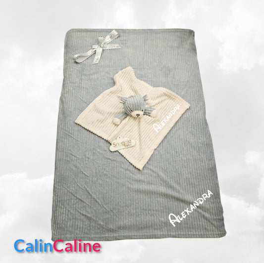 Pack Bébé A Personnaliser | Couverture Eté Grise 75cm x 90cm + Doudou Ourson 35cm