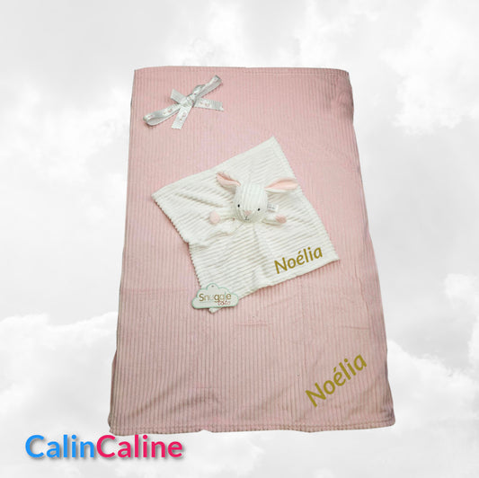 Pack Bébé A Personnaliser | Couverture Eté Rose 75cm x 90cm + Doudou Lapin 35cm | Polyester (Copie) (Copie)