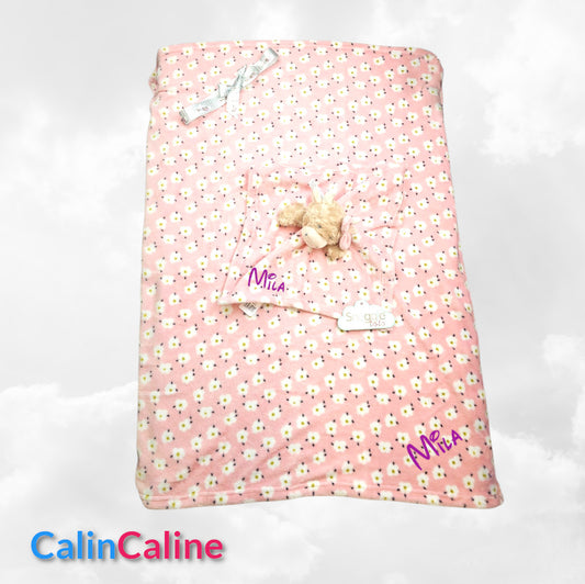 Pack Bébé A Personnaliser | Couverture Eté Rose 75cm x 90cm + Doudou Vache 35cm