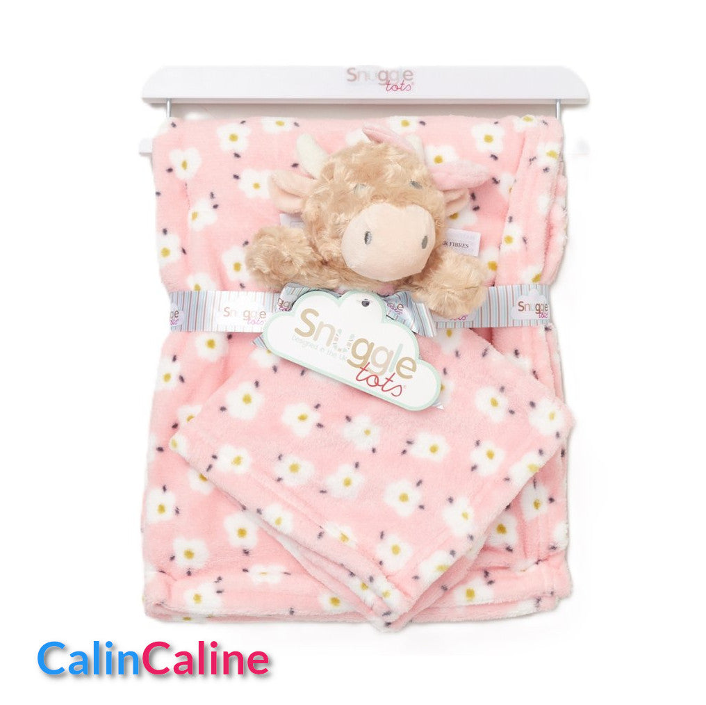 Pack Bébé A Personnaliser | Couverture Eté Rose 75cm x 90cm + Doudou Vache 35cm