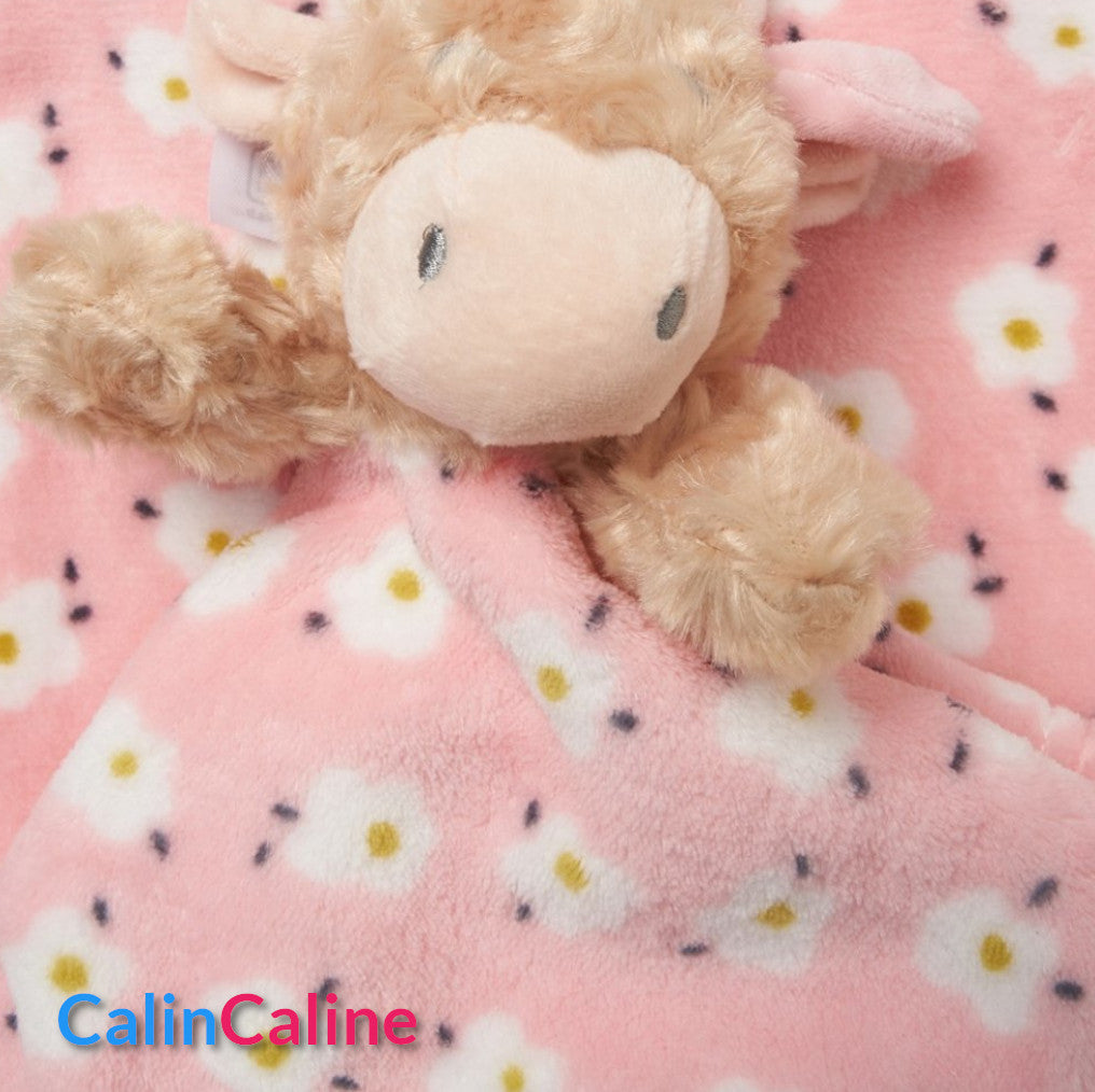Pack Bébé A Personnaliser | Couverture Eté Rose 75cm x 90cm + Doudou Vache 35cm