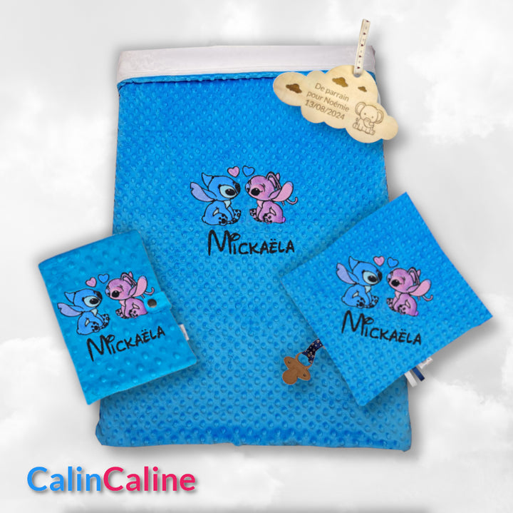 Pack Bébé Personnalisé | Couverture + Doudou 30cm + Protège carnet assortis | Fille | Minky
