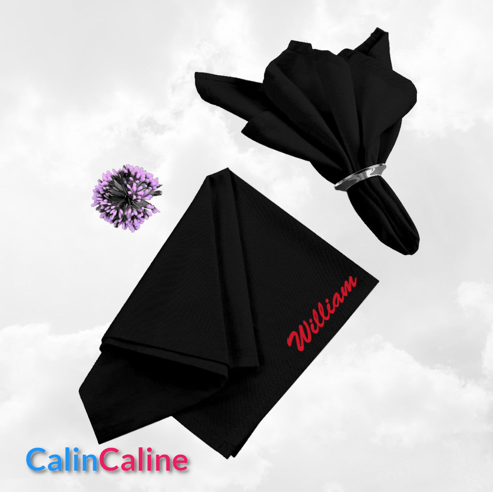 Serviette de Table 46cm x 46cm | Noir | Avec Prénom Brodé