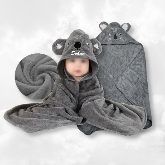 Cape de bain Koala Gris 0-3 ans | 80cm x 80cm | Prénom Brodé