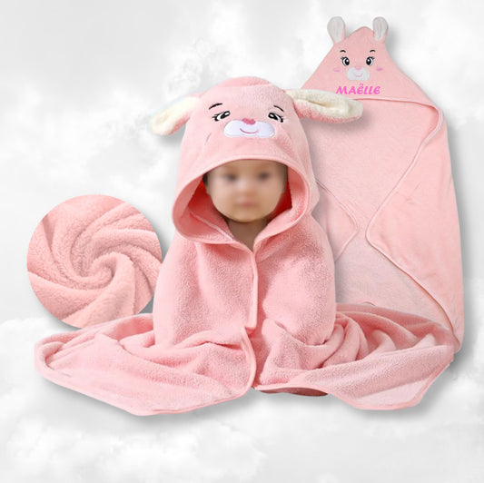 Cape de bain Lapinou Rose 0-3 ans | 80cm x 80cm | Prénom Brodé