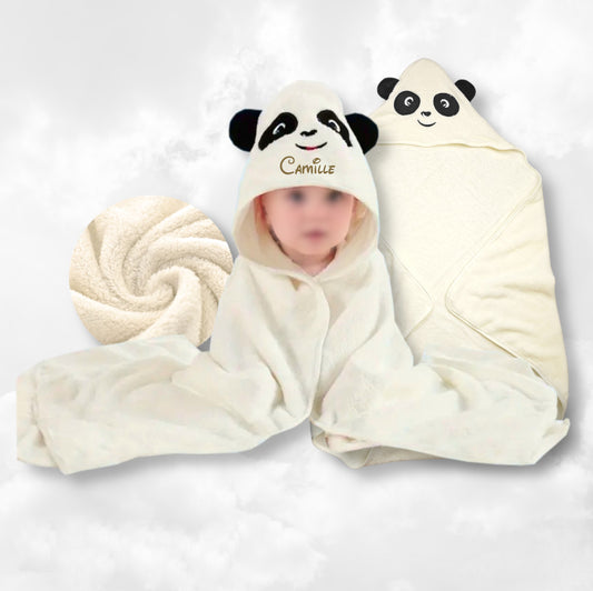 Cape de bain panda Ecru 0-3 ans | 80cm x 80cm | Prénom Brodé