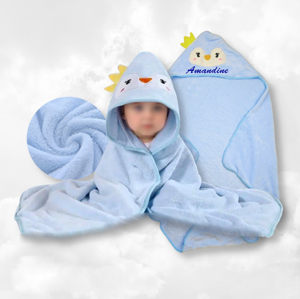 Cape de bain Pingouin Bleu Ciel 0-3 ans | 80cm x 80cm | Prénom Brodé