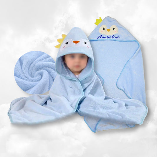 Cape de bain Pingouin Bleu Ciel 0-3 ans | 80cm x 80cm | Prénom Brodé