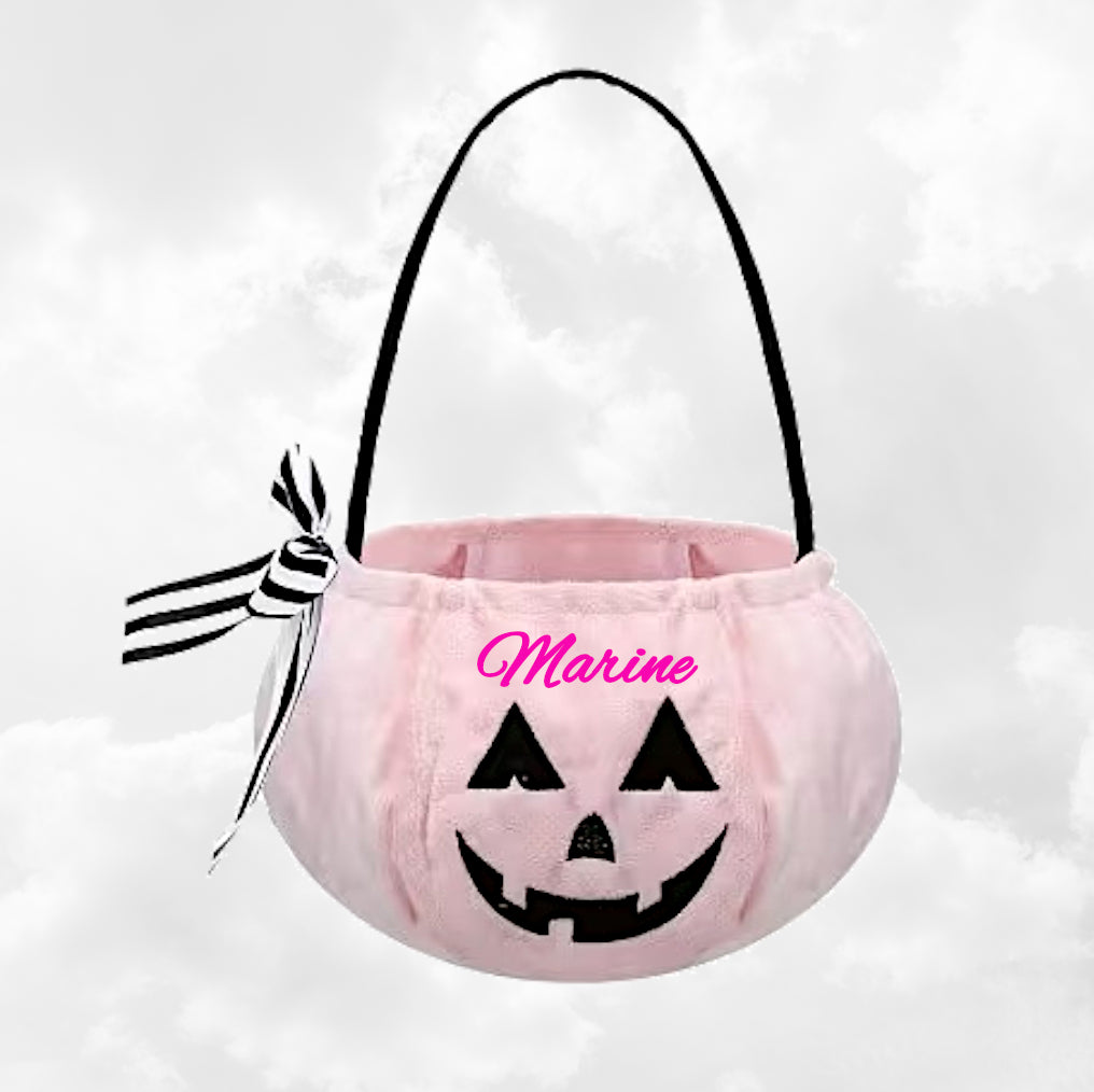 Sac à Bonbons Citrouille Halloween Brodé avec Prénom | Rose Clair
