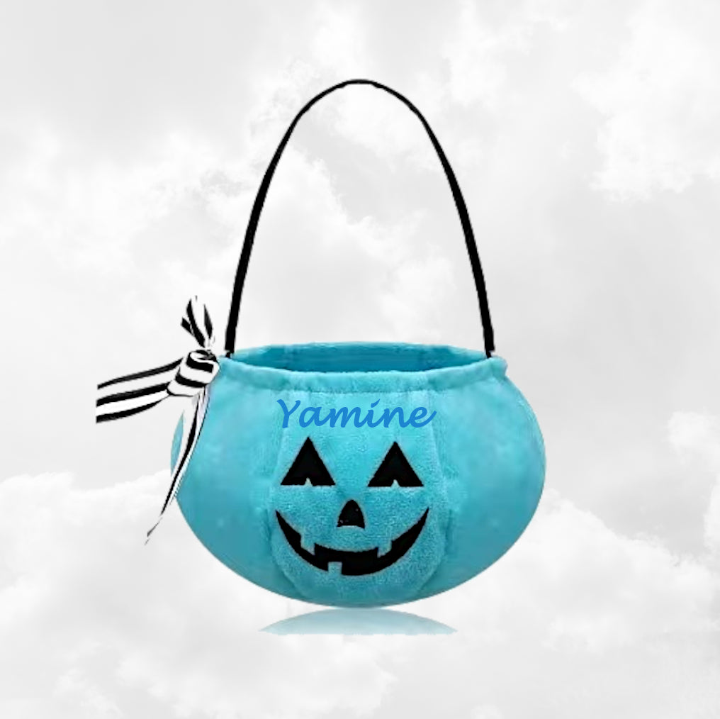 Sac à Bonbons Citrouille Halloween Brodé avec Prénom | Turquoise