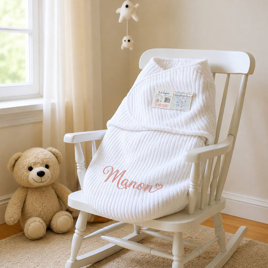 Couverture d'Emmaillotage Bébé | Blanc | 51cm x 30cm | Avec Prénom Brodé