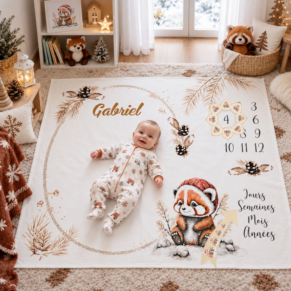 Couverture Etape Photo Panda Roux Hivernal | A personnaliser | 95cm x 75cm