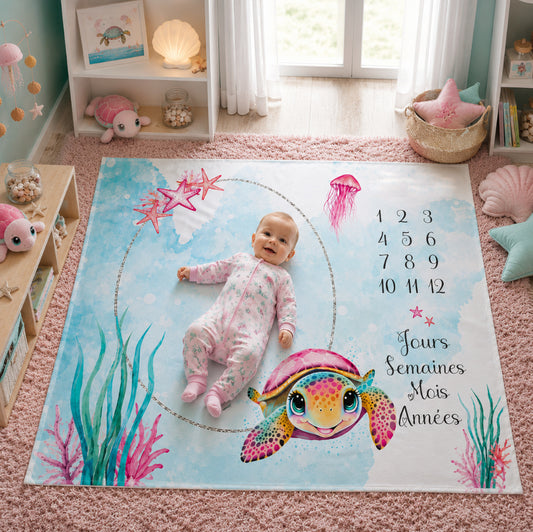 Couverture Etape Photo Tortue de Mer Rose | A personnaliser | 95cm x 75cm
