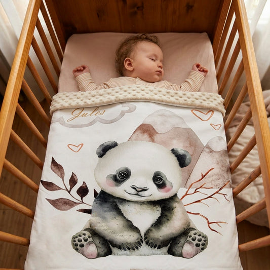 Couverture Plaid Bébé Panda Montagne | 70cm x 95cm | Couleur minky au choix