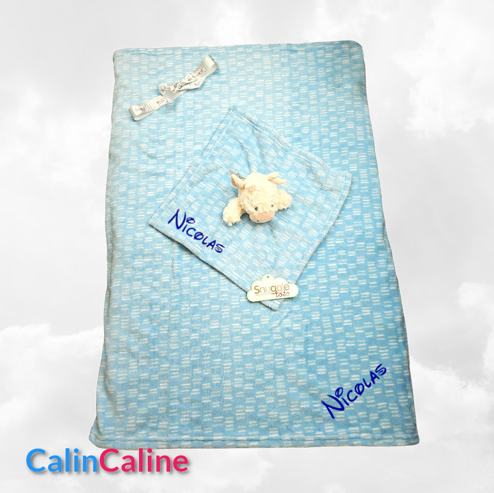 Pack Bébé A Personnaliser | Couverture Eté Bleue 75cm x 90cm + Doudou Vache 35cm