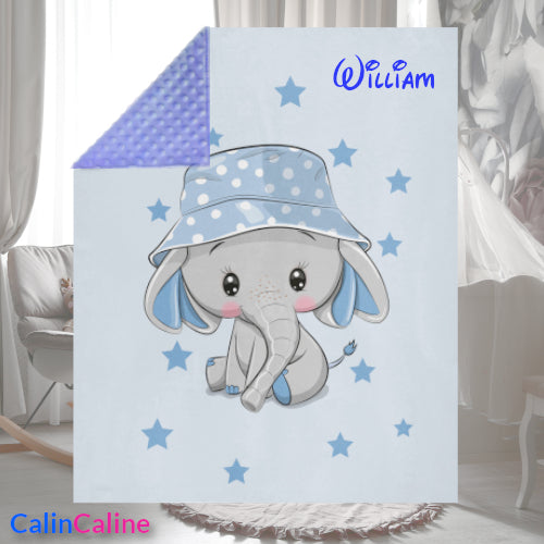 Couverture Plaid Bébé Eléphant Bob Bleu | 70cm x 95cm | Minky au choix