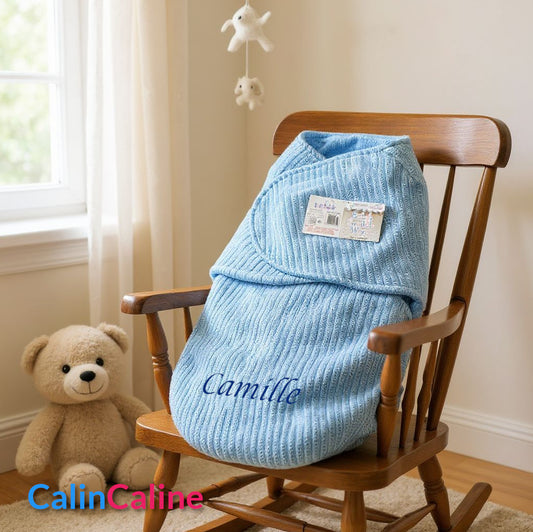 Couverture d'Emmaillotage Bébé | Bleu | 51cm x 30cm | Avec Prénom Brodé