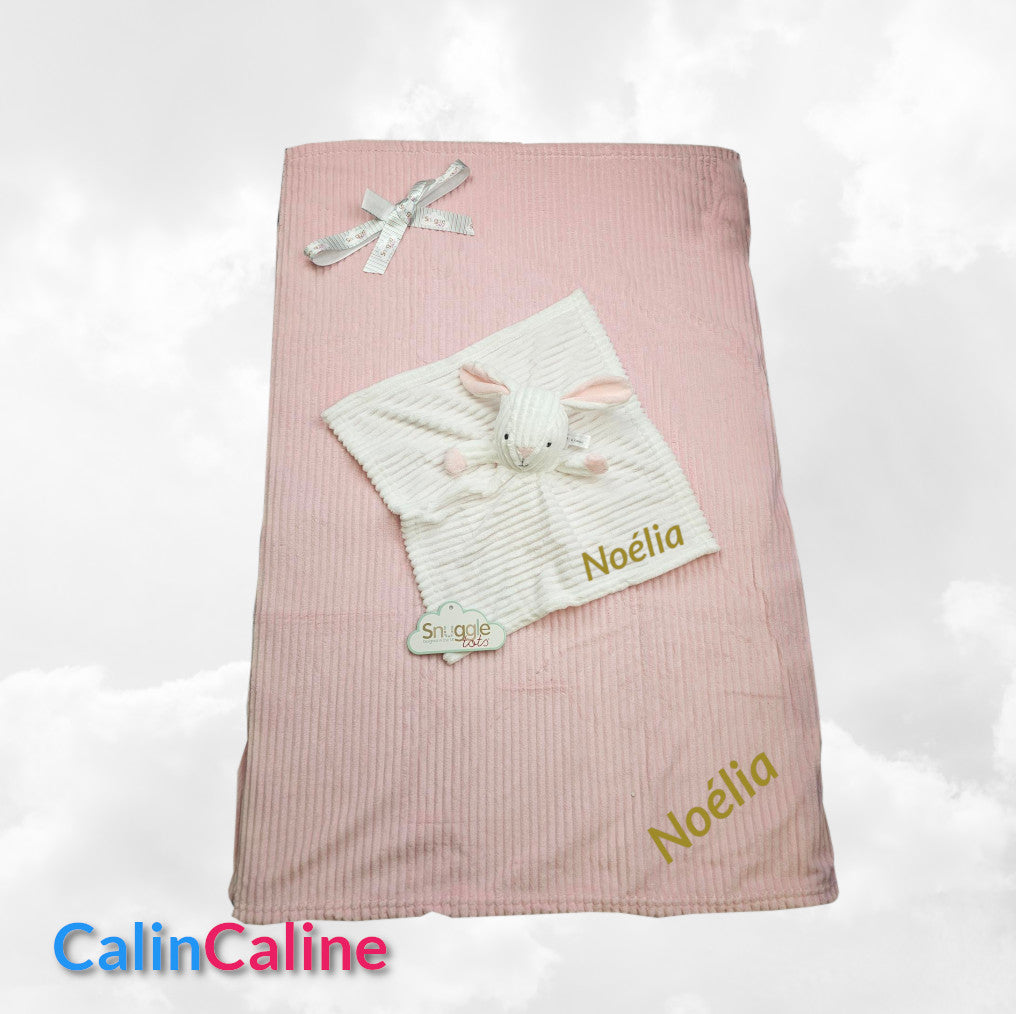 Pack Bébé A Personnaliser | Couverture Eté Rose 75cm x 90cm + Doudou Lapin 35cm | Polyester (Copie) (Copie)
