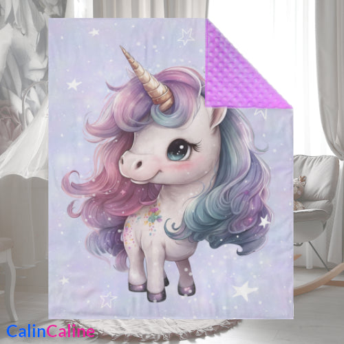 Couverture Plaid Bébé Licorne Rose Violet | 70cm x 95cm | Minky au choix