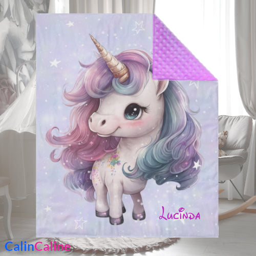 Couverture Plaid Bébé Licorne Rose Violet | 70cm x 95cm | Minky au choix