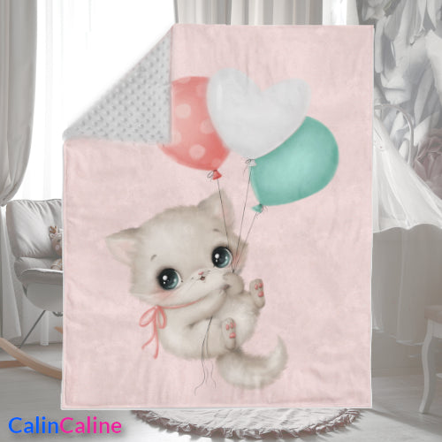 Couverture Plaid Bébé Chaton Ballon | 70cm x 95cm | Couleur minky au choix