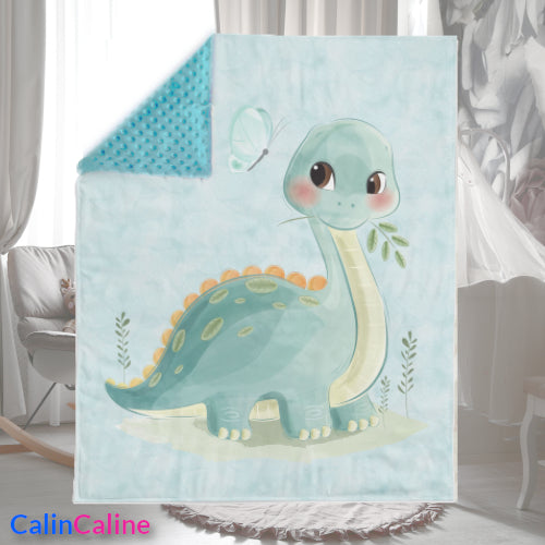 Couverture Plaid Bébé Dino Bleu | 70cm x 95cm | Couleur minky au choix