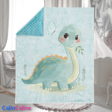 Couverture Plaid Bébé Dino Bleu | 70cm x 95cm | Couleur minky au choix