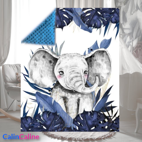 Couverture Plaid Bébé Eléphant Bleu | 70cm x 95cm | Couleur minky au choix