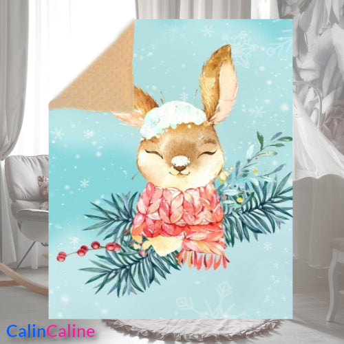 Couverture Plaid Bébé Lapin des Neiges | 70cm x 95cm | Couleur minky au choix