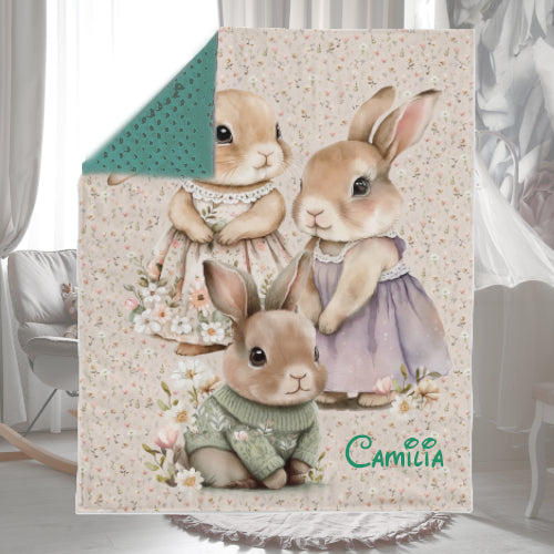 Couverture Plaid Famille Lapin | 70cm x 95cm | Couleur minky au choix