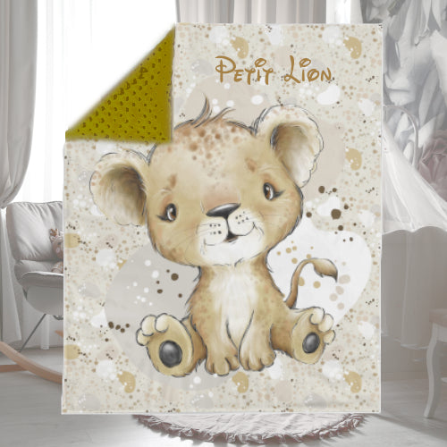 Couverture Plaid Bébé Lion Brun | 70cm x 95cm | Couleur minky au choix