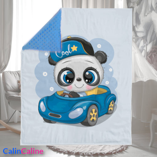 Couverture Plaid Bébé Panda Voiture | 70cm x 95cm | Couleur minky au choix