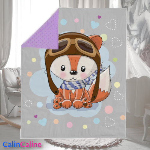 Couverture Plaid Bébé Renard Pilote | 70cm x 95cm | Couleur minky au choix