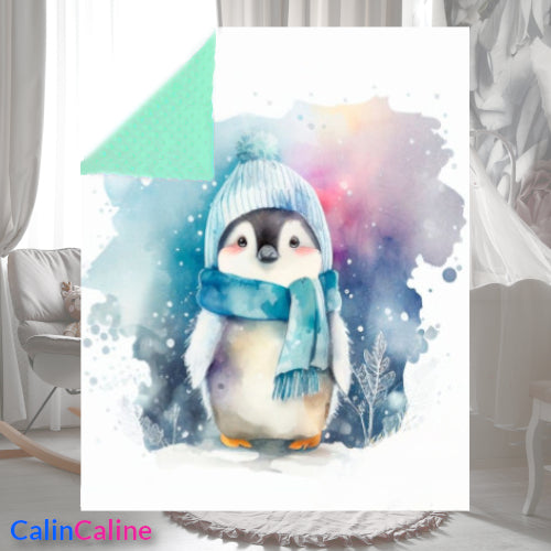 Couverture Plaid Pingouin Arctique | 70cm x 95cm | Couleur minky au choix